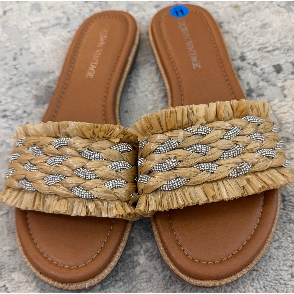 Crown Vintage Womens Tan Raffia Rhinestone Fringe Slide Sandals Size 11 M